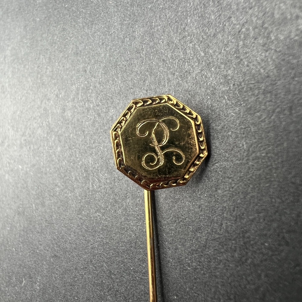 Vintage‎ Stick Pin Monogram Shield Octagon Gold Tone Initial R or P